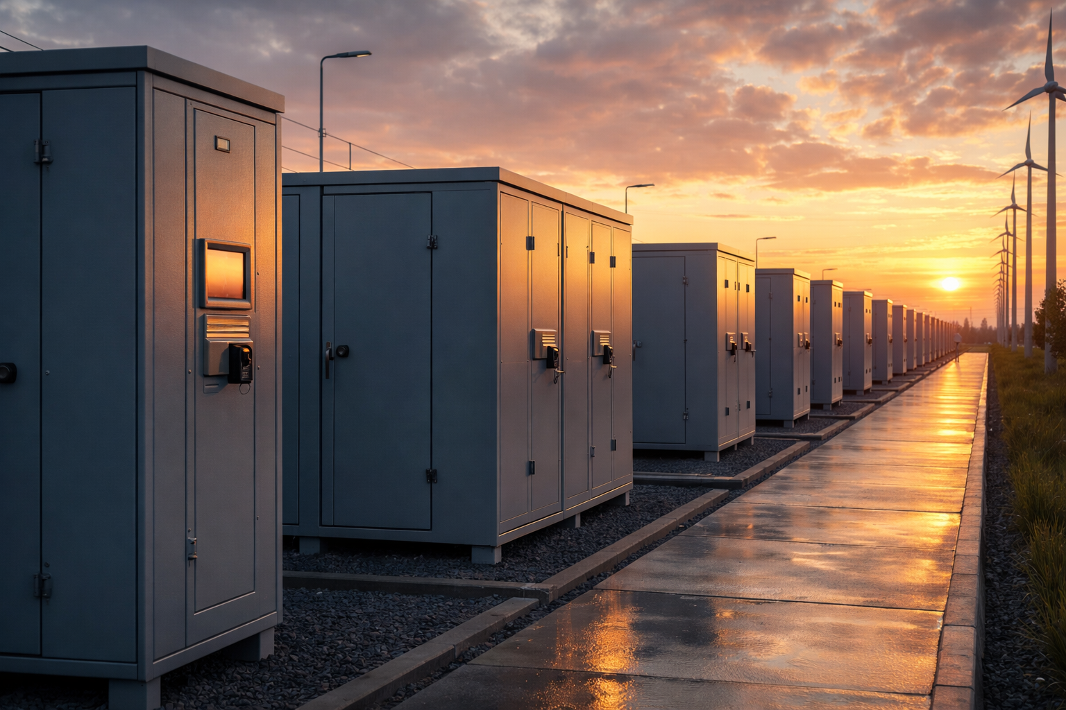 Reihe von Großbatteriespeicher-Containern bei Sonnenuntergang, die eine investitionsreife BESS-Finanzierung in Deutschland symbolisieren.