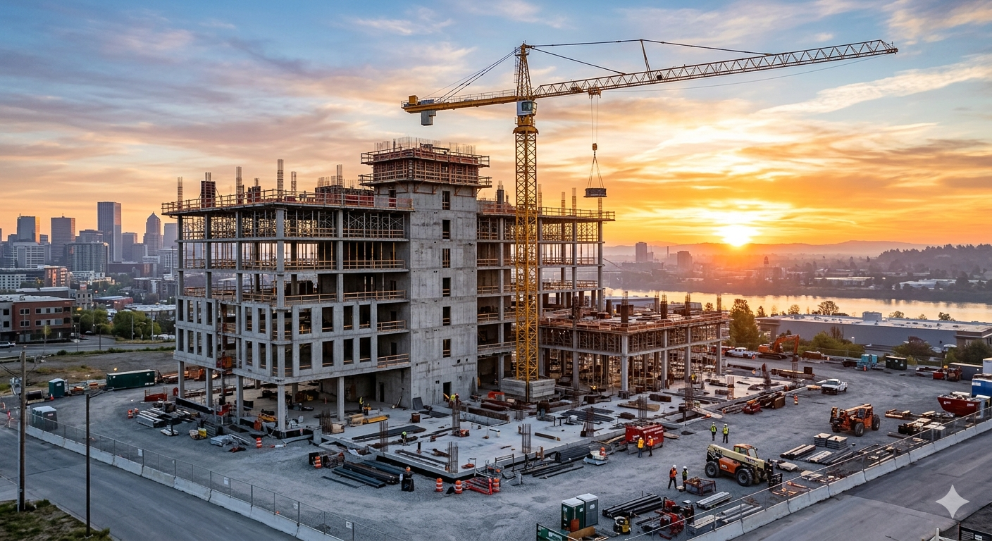Ein moderner Bürokomplex in der Rohbauphase mit einem großen Baukran bei einem malerischen Sonnenaufgang, der die Dynamik und den Fortschritt der Immobilienfinanzierung visualisiert.