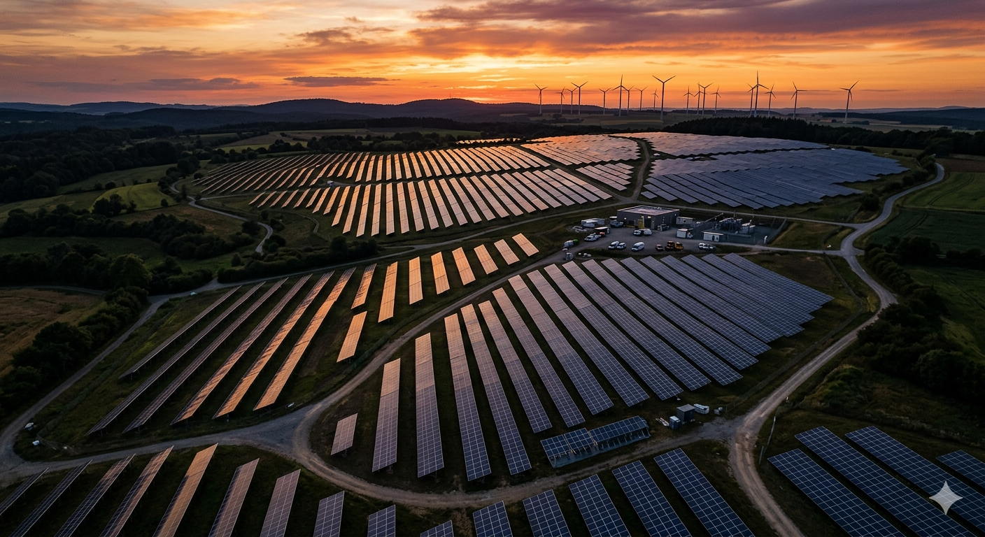 Luftaufnahme eines weitläufigen Solarparks und Windkraftanlagen bei Sonnenuntergang, die die Bedeutung von Green-Energy-Finanzierungen für nachhaltige Projekte unterstreichen.