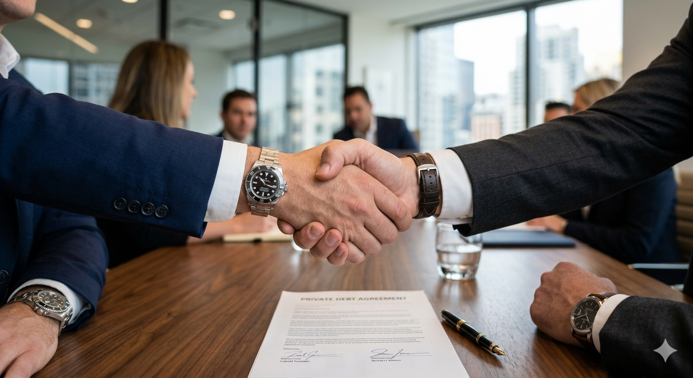 Eine Nahaufnahme eines festen Händedrucks zwischen zwei Geschäftspartnern in Anzügen über einem Konferenztisch, auf dem ein Vertrag mit der Überschrift „Private Debt Agreement“ liegt. Diese Szene symbolisiert den direkten Vertragsabschluss und die Partnerschaft bei der Bereitstellung von privatem Fremdkapital für Unternehmen.