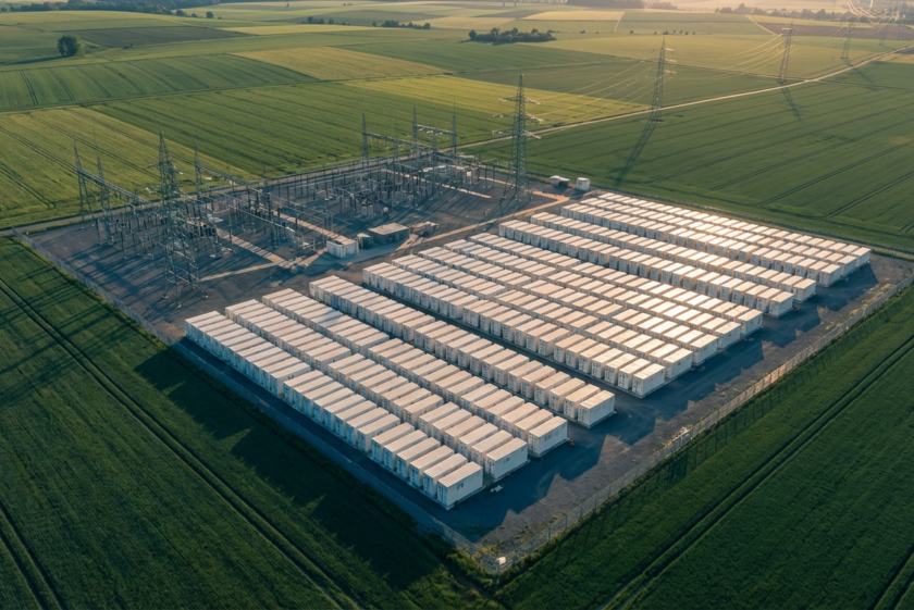 BESS-Markt Deutschland: Großspeicher-Anlage mit Batteriecontainern neben einem Umspannwerk in der deutschen Landschaft