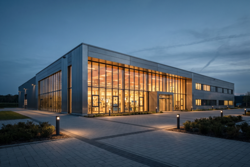 Moderne Mittelstands-Produktionshalle mit Glasfassade in der Dämmerung — symbolisiert Private Debt als Wachstums- und Finanzierungsbaustein.