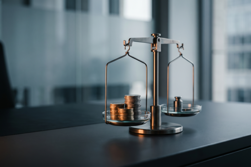 Präzisionswaage mit Münzstapeln als Sinnbild für die Kosten von Private Debt: Zinsen, Gebühren und Kostenfaktoren im Vergleich.