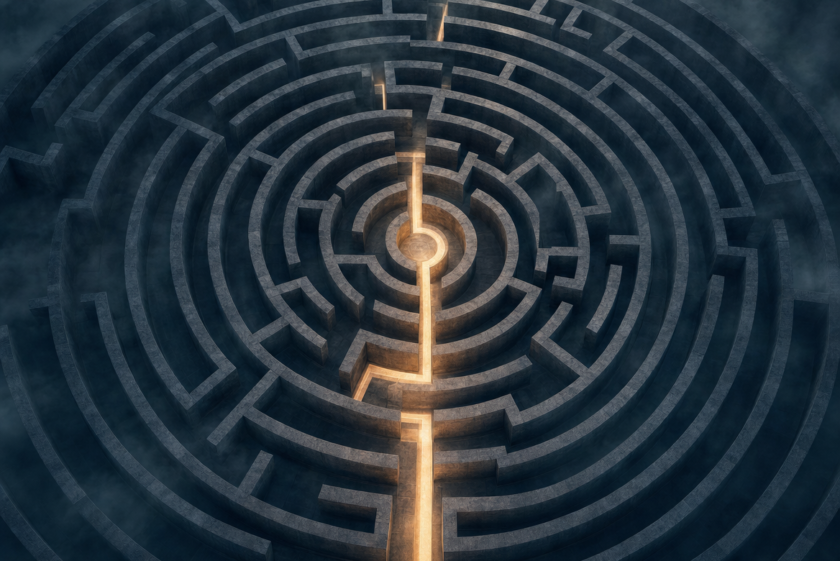 Komplexe Finanzierungen: Labyrinth von oben mit beleuchtetem Weg als Symbol für den Lösungspfad über alternative Finanzierungen