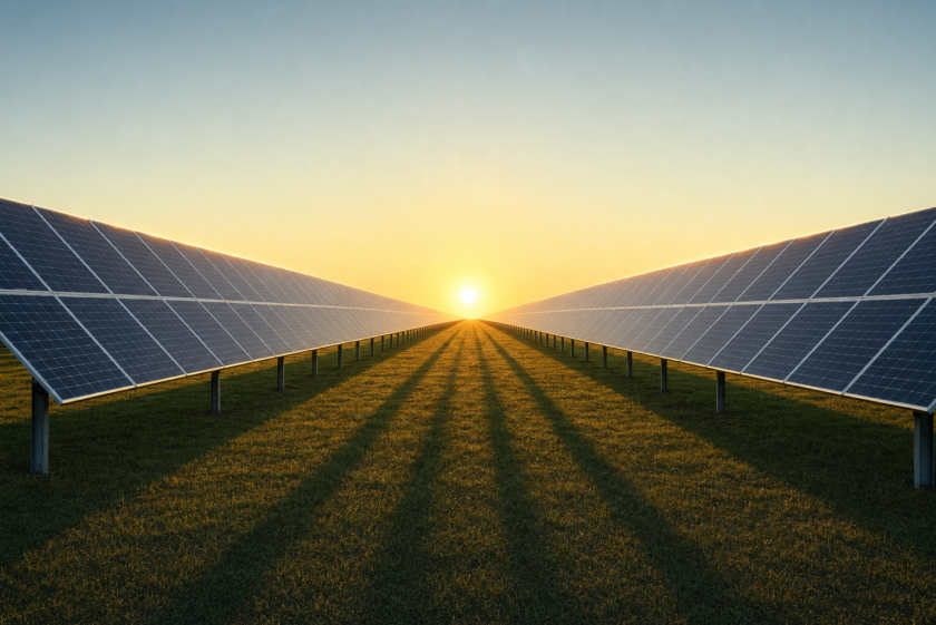 Photovoltaik-Freiflächenanlage im Abendlicht — Bankfähigkeit von PPA-Verträgen in der Projektfinanzierung