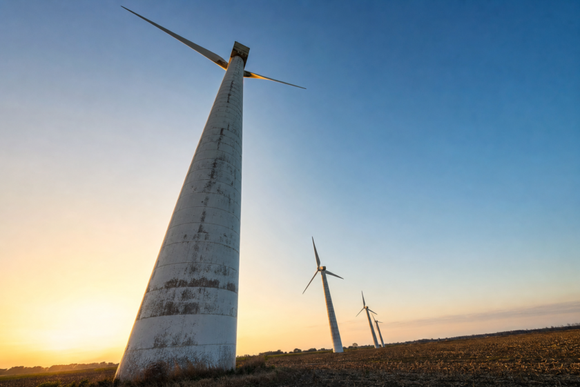Ältere Onshore-Windenergieanlage im Abendlicht — Refinanzierung von Windparks nach dem EEG-Förderende