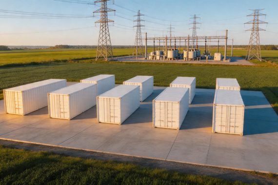 BESS-Finanzierung Deutschland — Utility-Scale Batteriespeicher-Anlage mit acht Speichercontainern und Umspannwerk auf einem Projektstandort