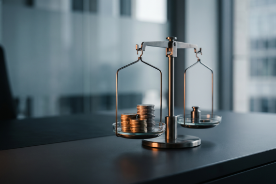Präzisionswaage mit Münzstapeln als Sinnbild für die Kosten von Private Debt: Zinsen, Gebühren und Kostenfaktoren im Vergleich.