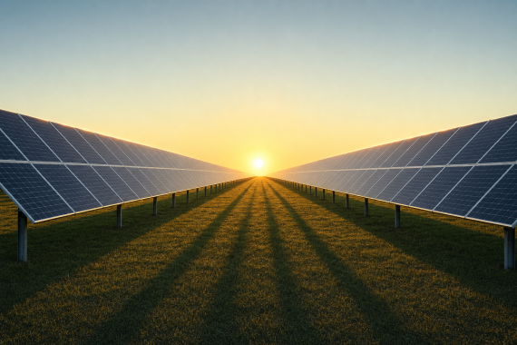 Photovoltaik-Freiflächenanlage im Abendlicht — Bankfähigkeit von PPA-Verträgen in der Projektfinanzierung
