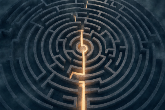 Komplexe Finanzierungen: Labyrinth von oben mit beleuchtetem Weg als Symbol für den Lösungspfad über alternative Finanzierungen